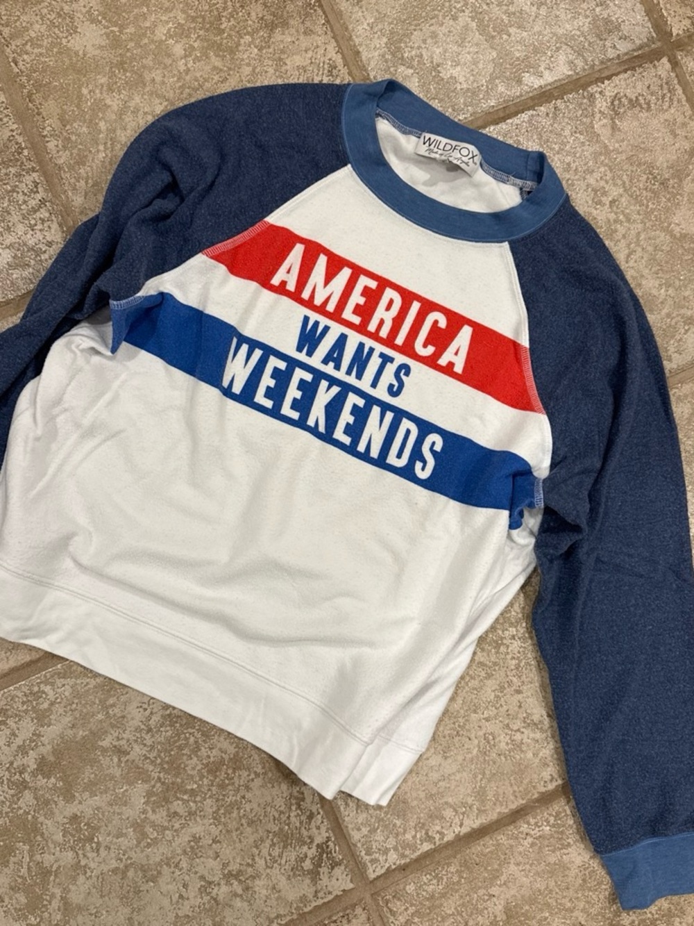 Wildfox White, Navy & Red 'America Wants Weekends' Raglan Sweatshirt